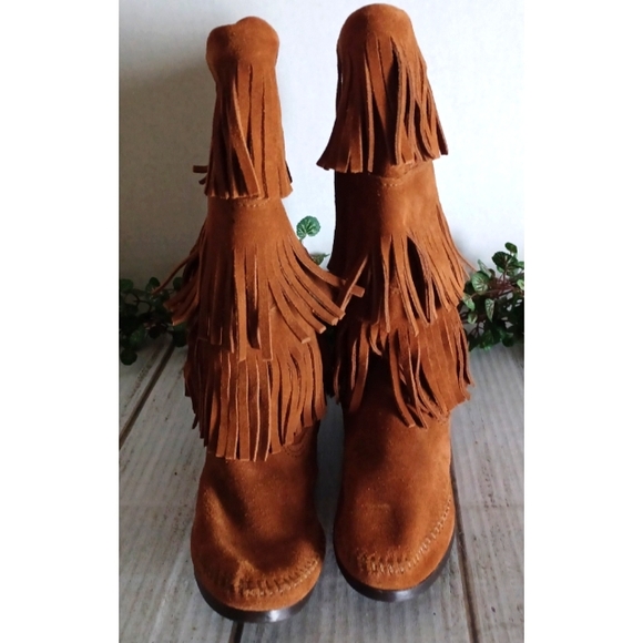 Minnetonka Three Layer Fringe Boots in Brown - Picture 12 of 16